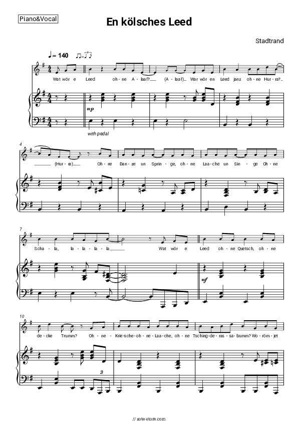En kölsches Leed - Stadtrand Piano Sheet Music with the Voice part - Piano&Vocal
