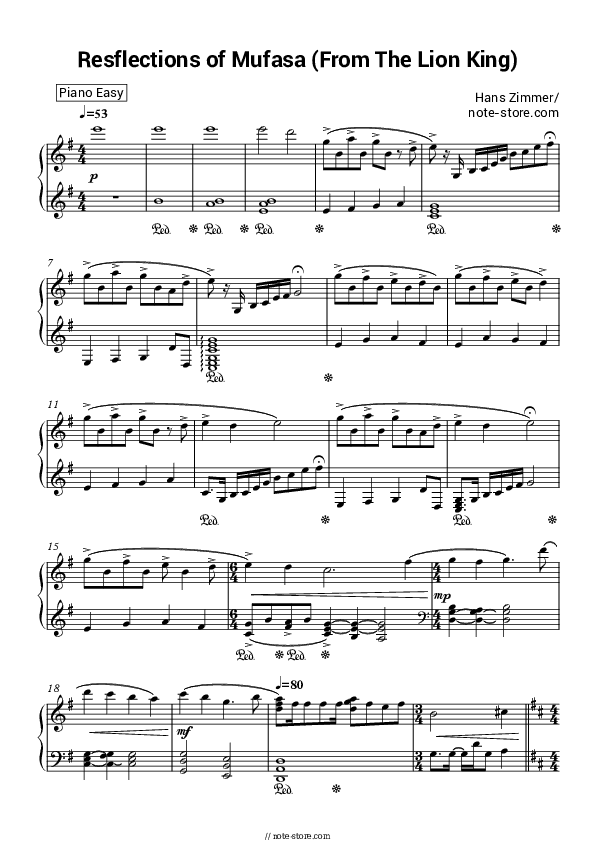 Reflections of Mufasa (From The Lion King) - Hans Zimmer Piano Sheet Music Easy - Piano.Easy