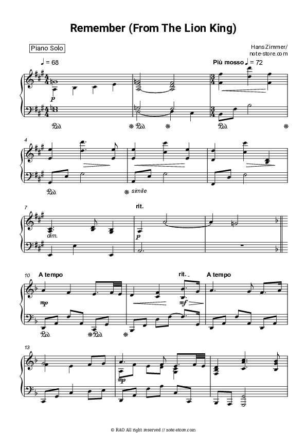 Remember (From The Lion King) - Hans Zimmer, Lebo M. Piano Sheet Music - Piano.Solo