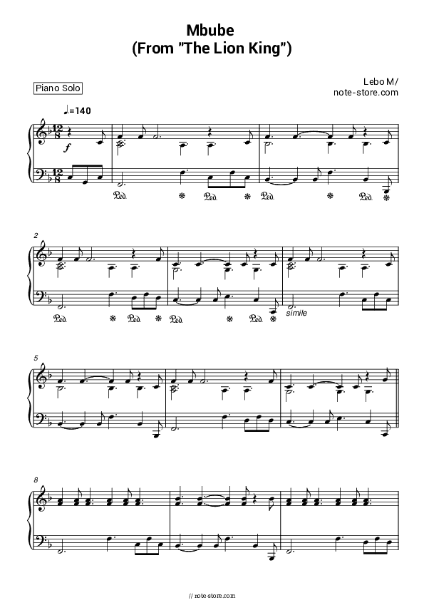 Mbube (From The Lion King) - Lebo M. Piano Sheet Music - Piano.Solo