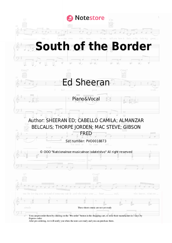 South of the Border - Ed Sheeran, Camila Cabello, Cardi B Piano Sheet Music with the Voice part - Piano&Vocal