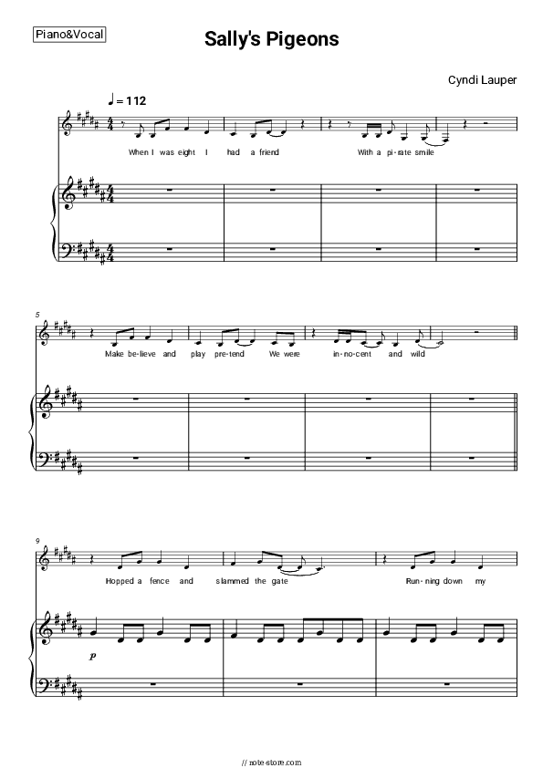 Sally's Pigeons - Cyndi Lauper Piano Sheet Music with the Voice part - Piano&Vocal