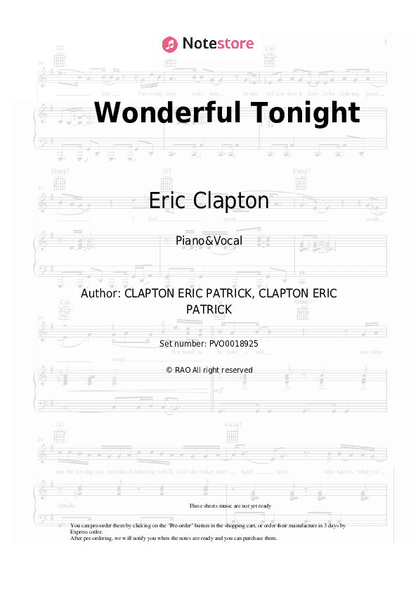 Wonderful Tonight - Eric Clapton Piano Sheet Music with the Voice part - Piano&Vocal