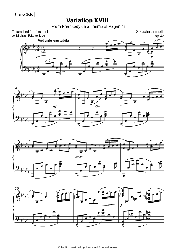 18th Variation from Rhapsody on a Theme of Paganini - Sergei Rachmaninoff Piano Sheet Music - Piano.Solo