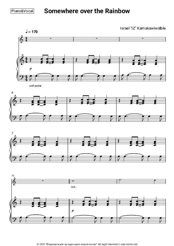 Somewhere over the Rainbow - Israel "IZ" Kamakawiwoʻole Piano Sheet Music with the Voice part - Piano&Vocal