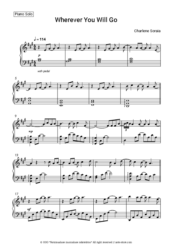 Wherever You Will Go - Charlene Soraia Piano Sheet Music - Piano.Solo