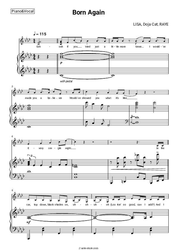 Born Again - LISA, Doja Cat, Raye Piano Sheet Music with the Voice part - Piano&Vocal