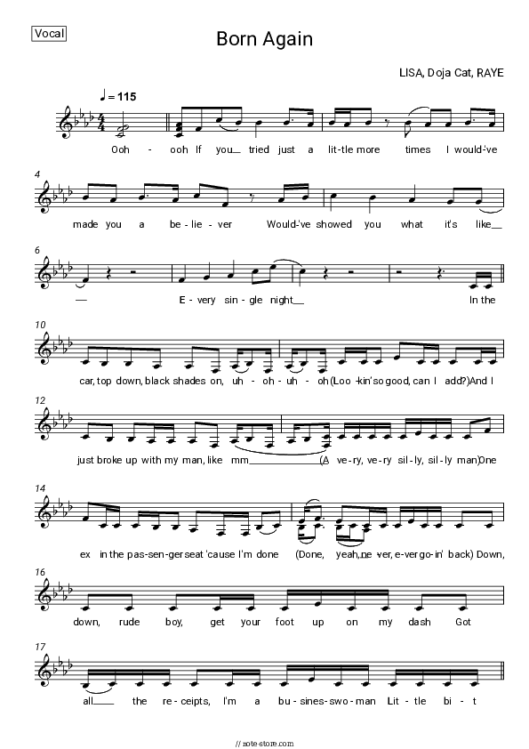 Born Again - LISA, Doja Cat, Raye Vocal Sheet Music - Vocal