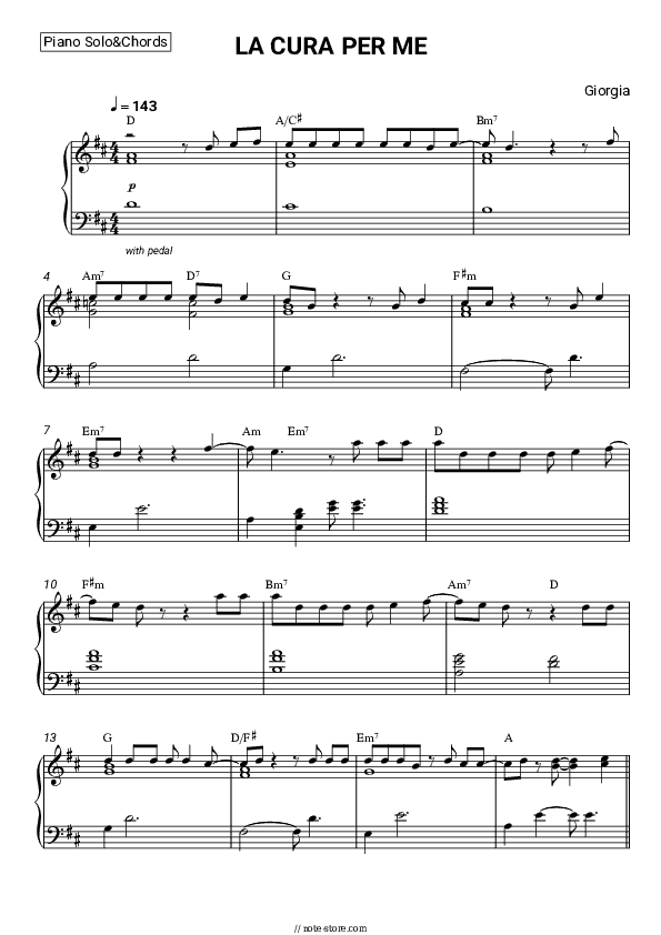 LA CURA PER ME - Giorgia Piano Sheet Music and Chords - Piano.Solo&Chords