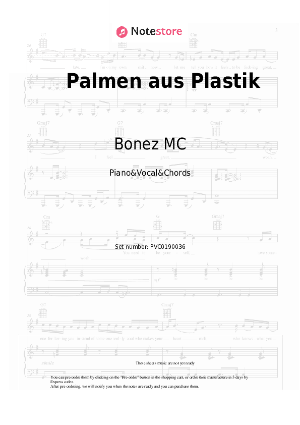 Palmen aus Plastik - Bonez MC, RAF Camora Piano Sheet Music with the Vocal and Chords - Piano&Vocal&Chords