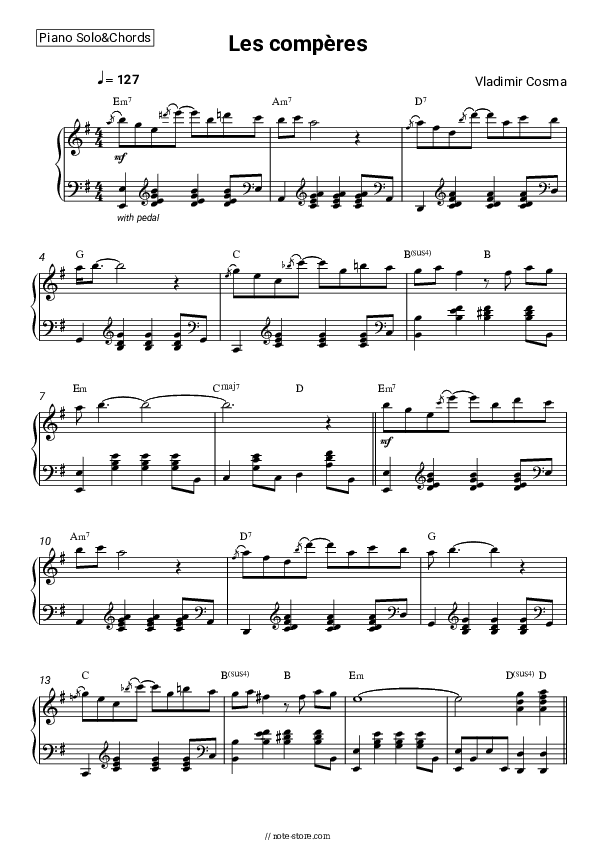 Les compères - Vladimir Cosma Piano Sheet Music and Chords - Piano.Solo&Chords