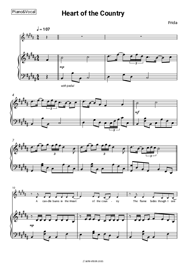 Heart of the Country - Frida Piano Sheet Music with the Voice part - Piano&Vocal