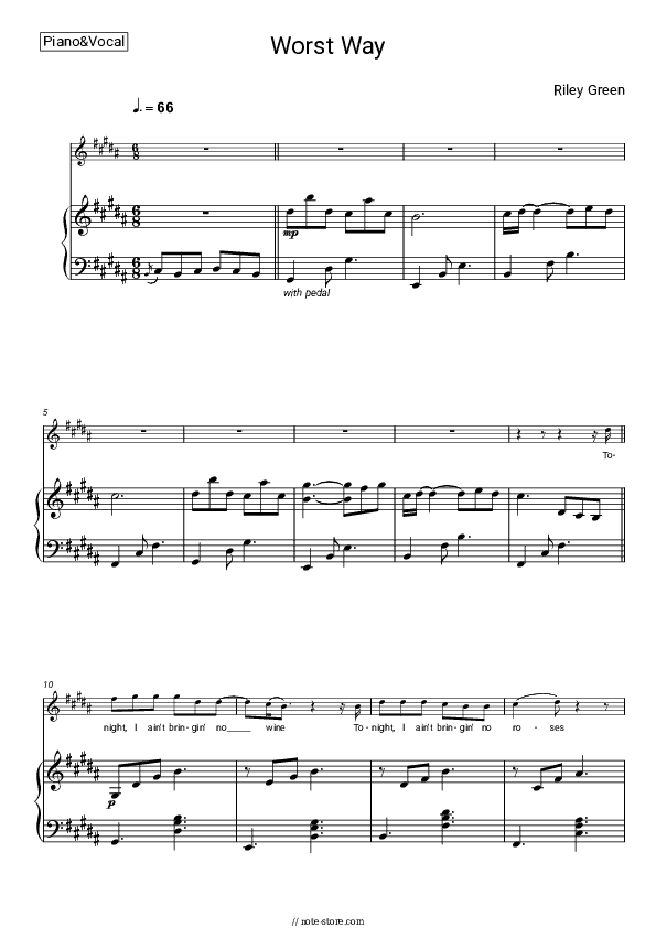 Worst Way - Riley Green Piano Sheet Music with the Voice part - Piano&Vocal