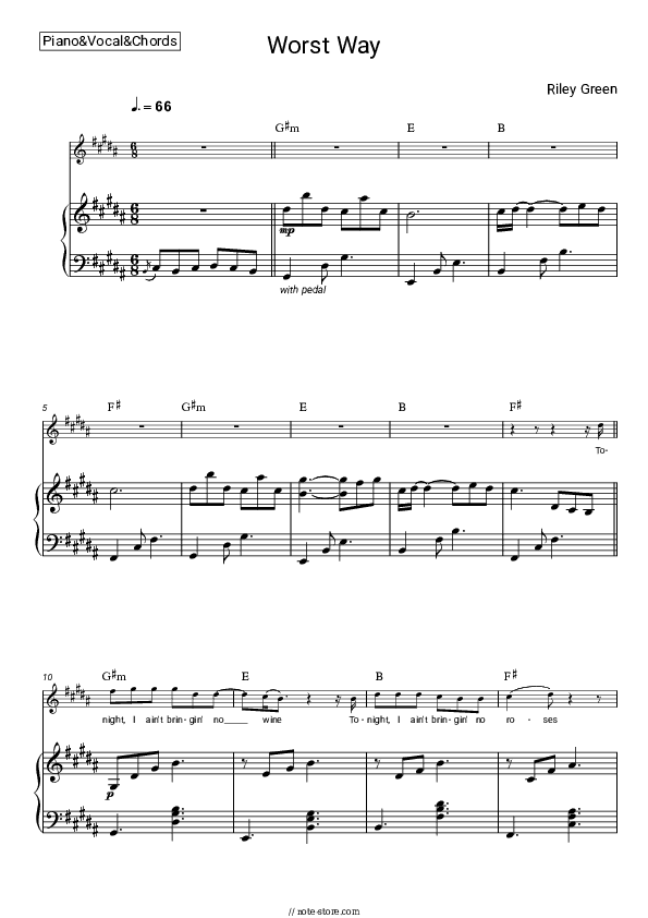 Worst Way - Riley Green Piano Sheet Music with the Vocal and Chords - Piano&Vocal&Chords