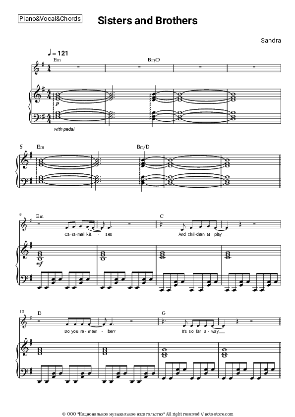 Sisters and Brothers - Sandra Piano Sheet Music with the Vocal and Chords - Piano&Vocal&Chords