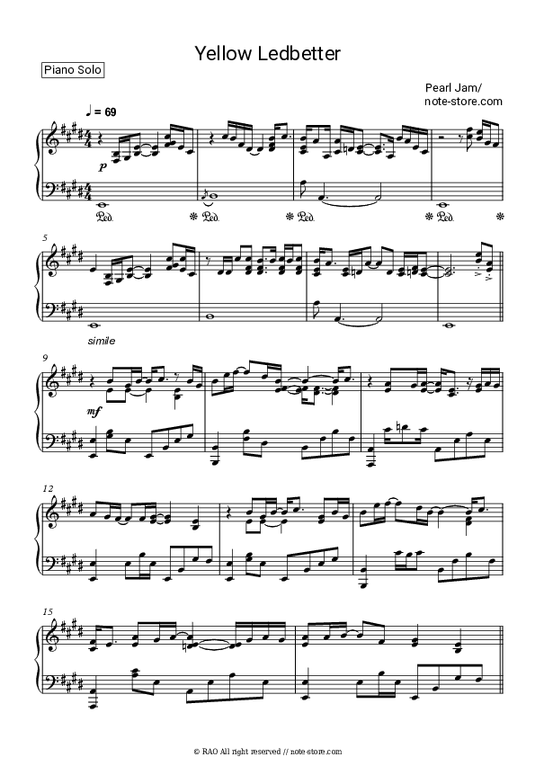 Yellow Ledbetter - Pearl Jam Piano Sheet Music - Piano.Solo