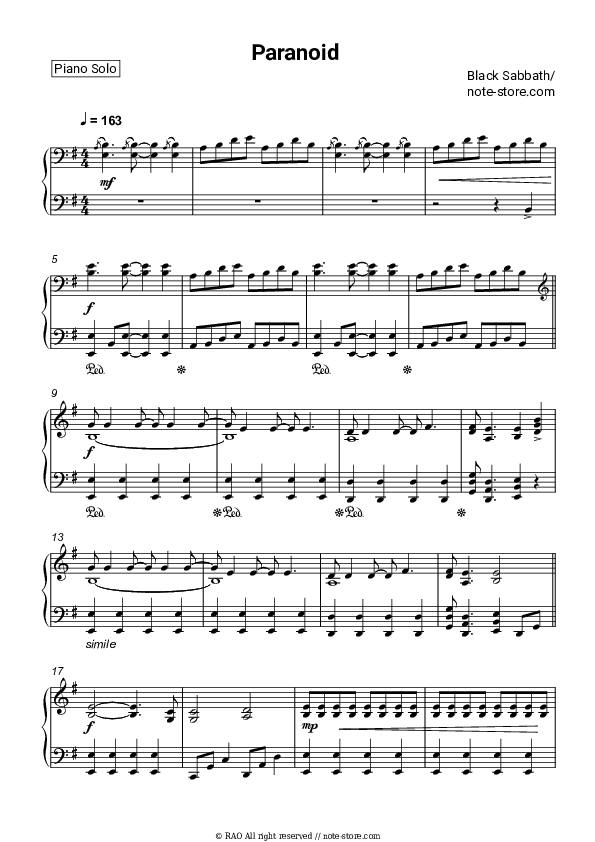 Paranoid - Black Sabbath Piano Sheet Music - Piano.Solo