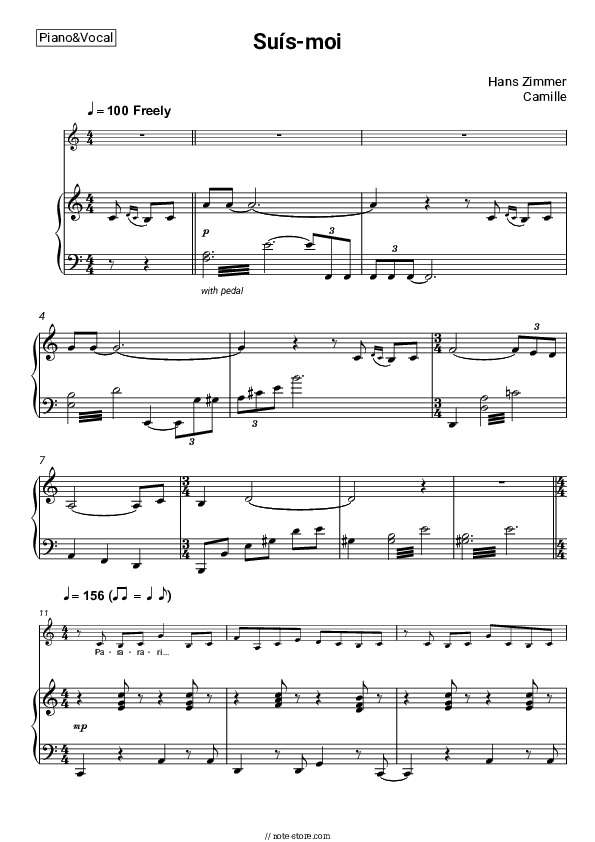 Suís-moi - Hans Zimmer, Camille Piano Sheet Music with the Voice part - Piano&Vocal