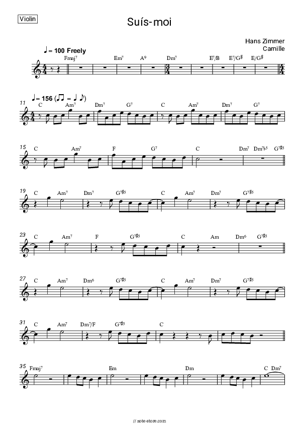 Suís-moi - Hans Zimmer, Camille Violin Sheet Music - Violin