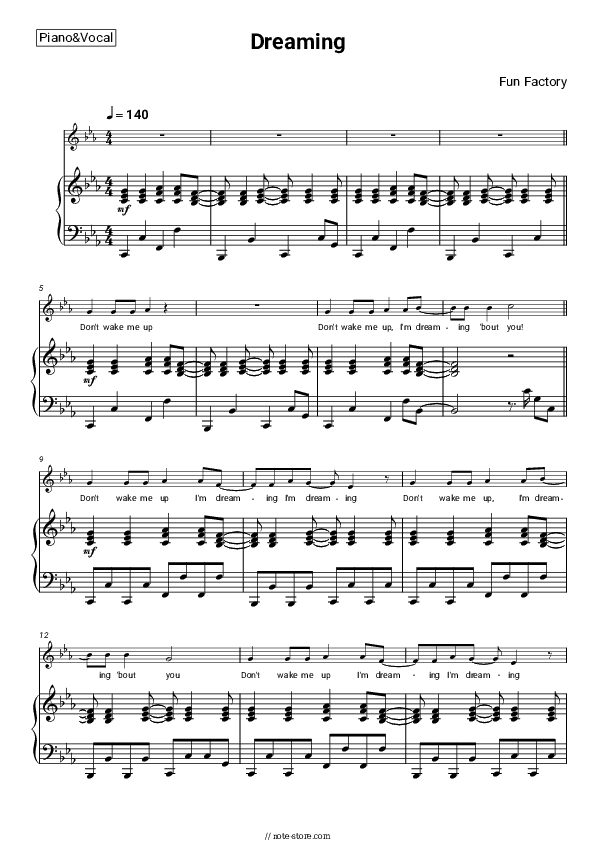 Dreaming - Fun Factory Piano Sheet Music with the Voice part - Piano&Vocal