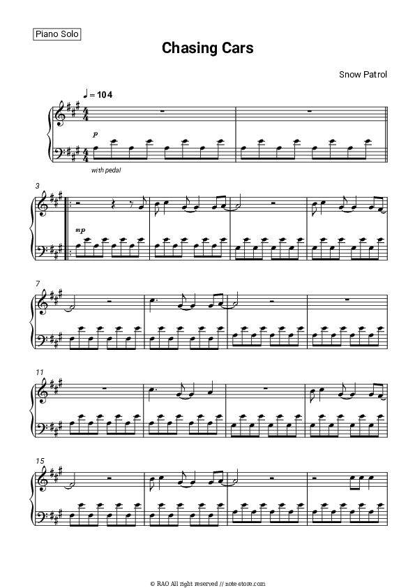 Chasing Cars - Snow Patrol Piano Sheet Music - Piano.Solo