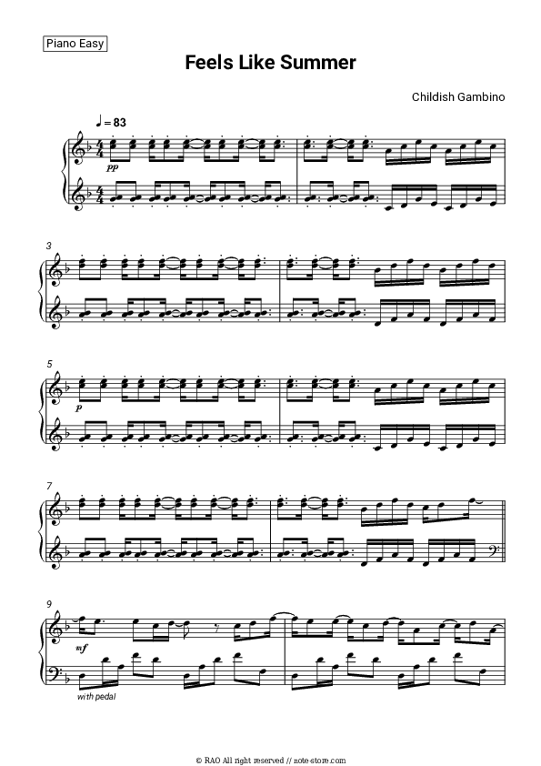 Feels Like Summer - Childish Gambino Piano Sheet Music Easy - Piano.Easy