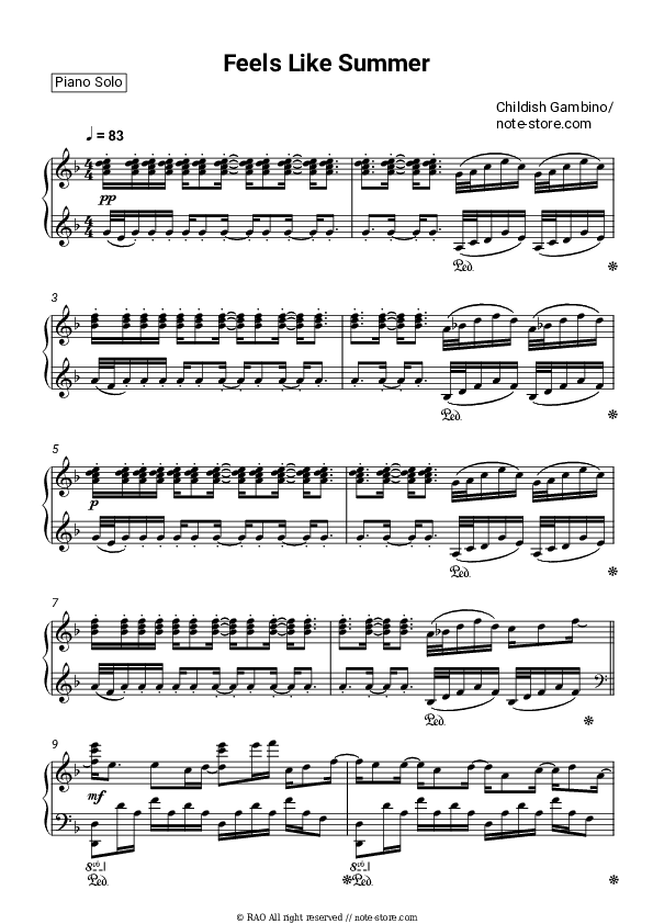 Feels Like Summer - Childish Gambino Piano Sheet Music - Piano.Solo