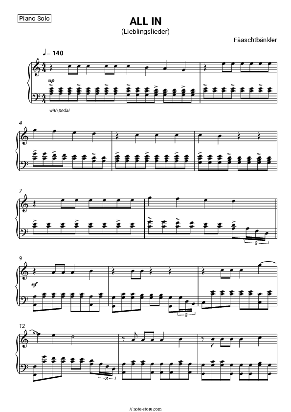 ALL IN (Lieblingslieder) - Fäaschtbänkler Piano Sheet Music - Piano.Solo