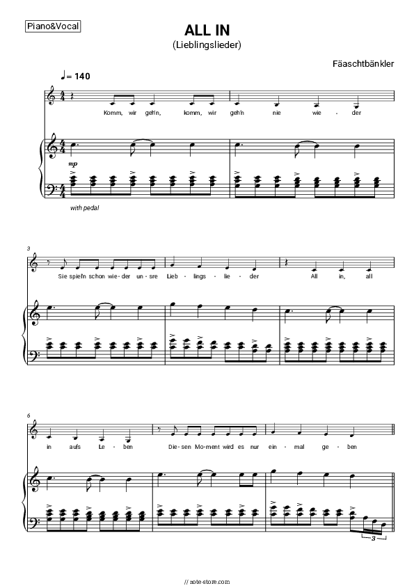 ALL IN (Lieblingslieder) - Fäaschtbänkler Piano Sheet Music with the Voice part - Piano&Vocal