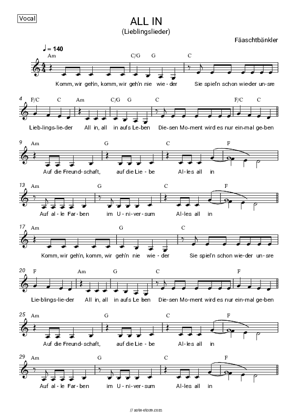 ALL IN (Lieblingslieder) - Fäaschtbänkler Vocal Sheet Music - Vocal