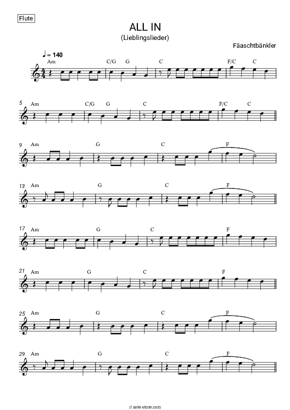 ALL IN (Lieblingslieder) - Fäaschtbänkler Flute Sheet Music - Flute