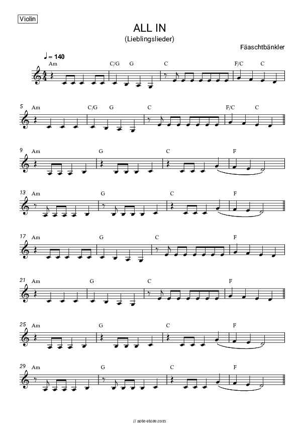 ALL IN (Lieblingslieder) - Fäaschtbänkler Violin Sheet Music - Violin