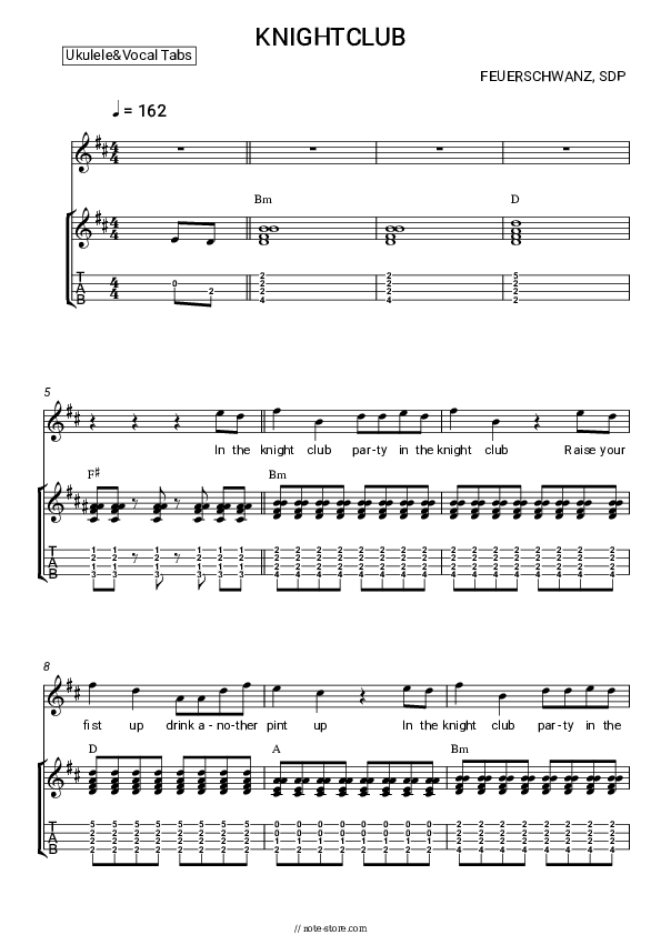 Knightclub - Feuerschwanz, SDP Sheet Music - Ukulele.Tab&Vocal