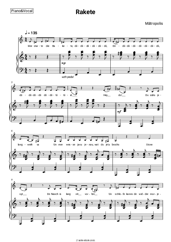 Rakete - Mätropolis Piano Sheet Music with the Voice part - Piano&Vocal