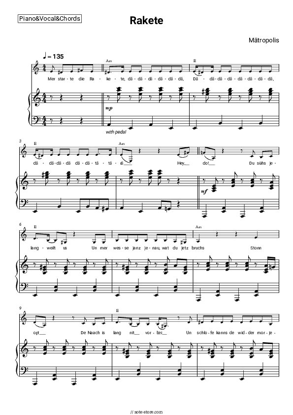 Rakete - Mätropolis Piano Sheet Music with the Vocal and Chords - Piano&Vocal&Chords