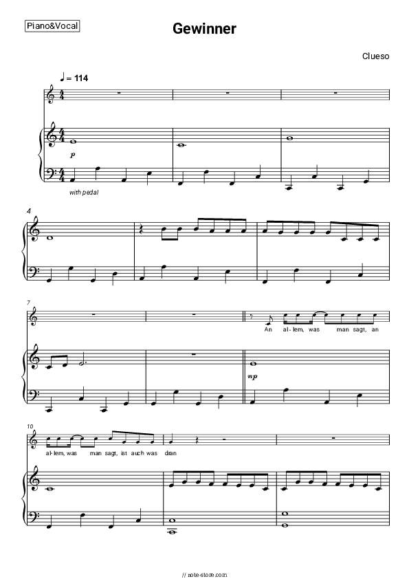 Gewinner - Clueso Piano Sheet Music Easy and Vocal - Piano&Vocal.Easy