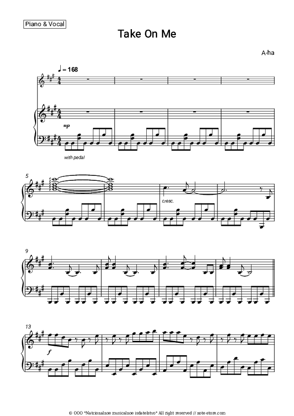 Take On Me - A-ha Piano Sheet Music with the Voice part - Piano&Vocal