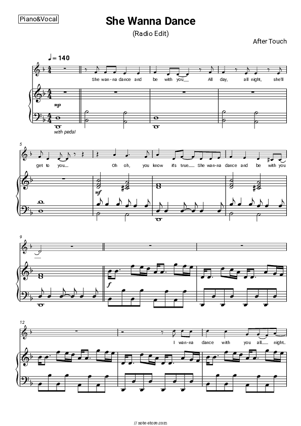 She Wanna Dance (Radio Edit) - After Touch Piano Sheet Music with the Voice part - Piano&Vocal