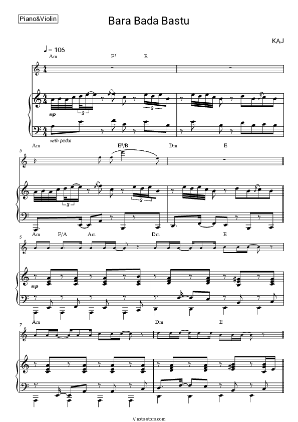 Bara Bada Bastu - KAJ Piano Sheet Music and Violin - Piano&Violin