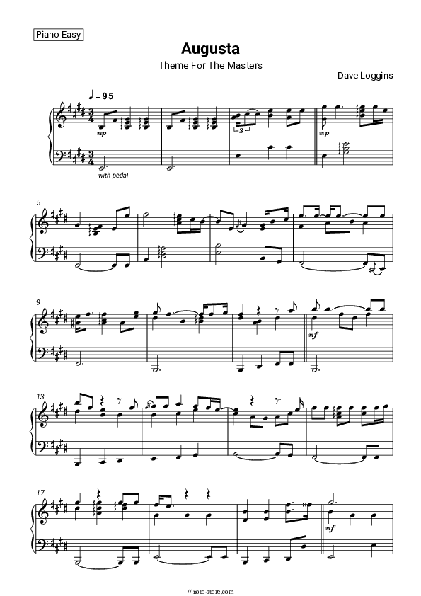 Augusta (Theme For The Masters) - Dave Loggins Piano Sheet Music Easy - Piano.Easy