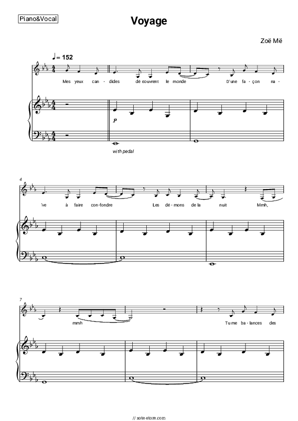 Voyage - Zoë Më Piano Sheet Music with the Voice part - Piano&Vocal