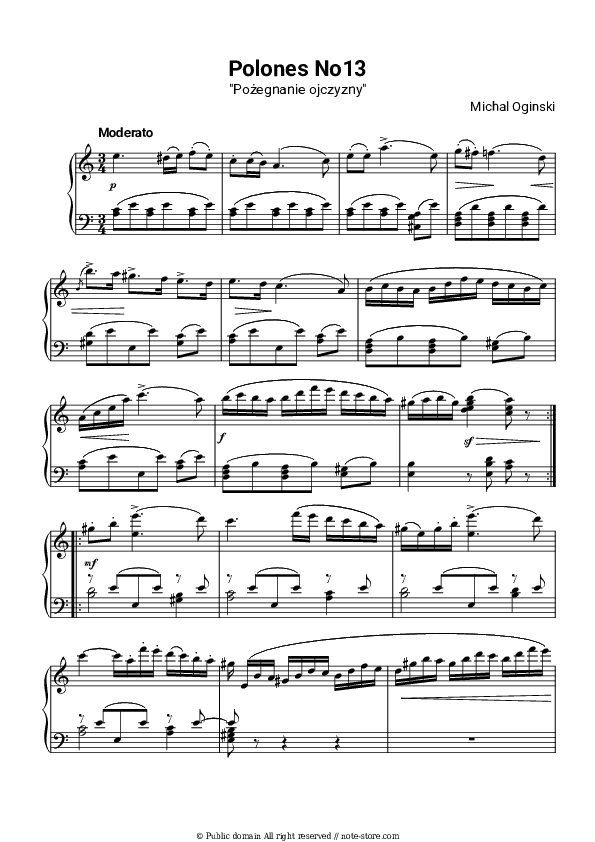 Polonaise Oginsky - Michał Kleofas Ogiński Piano Sheet Music - Piano.Solo