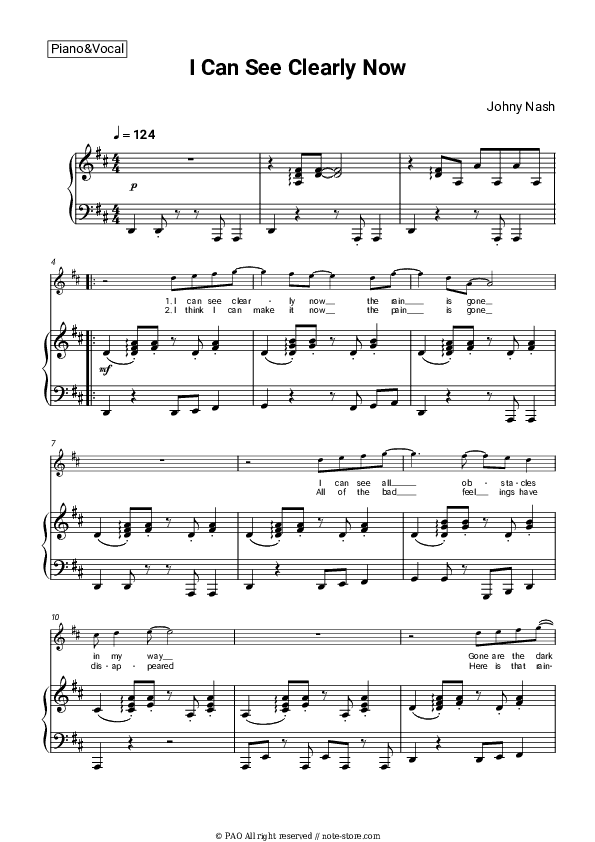 I Can See Clearly Now - Johnny Nash Piano Sheet Music with the Voice part - Piano&Vocal