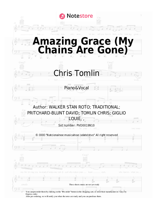 Amazing Grace (My Chains Are Gone) - Chris Tomlin Piano Sheet Music with the Voice part - Piano&Vocal