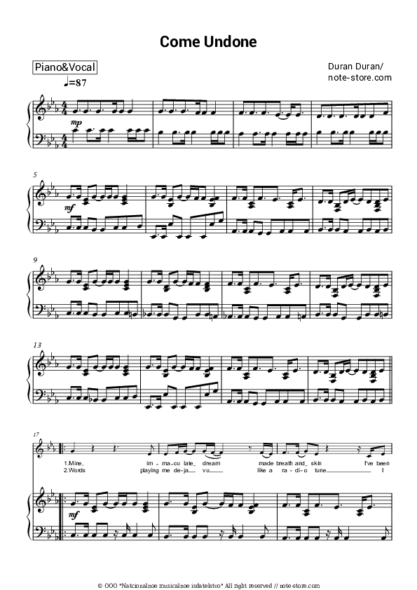 Come Undone - Duran Duran Piano Sheet Music with the Voice part - Piano&Vocal