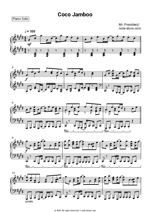 Coco Jamboo - Mr. President Piano Sheet Music - Piano.Solo