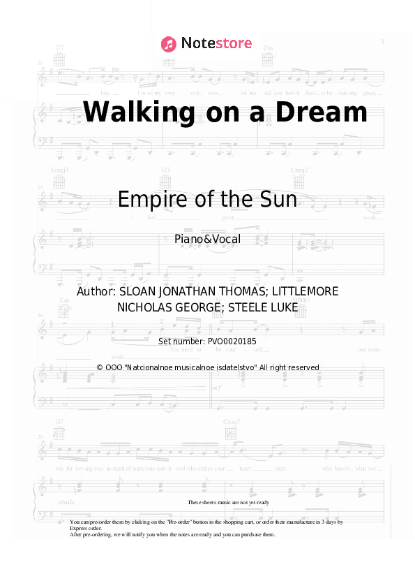 Walking on a Dream - Empire of the Sun Piano Sheet Music with the Voice part - Piano&Vocal