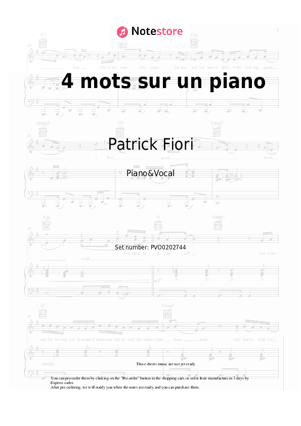 4 mots sur un piano - Patrick Fiori Piano Sheet Music with the Voice part - Piano&Vocal