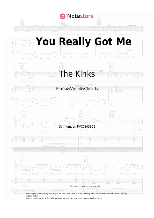 You Really Got Me	 - The Kinks Piano Sheet Music with the Vocal and Chords - Piano&Vocal&Chords