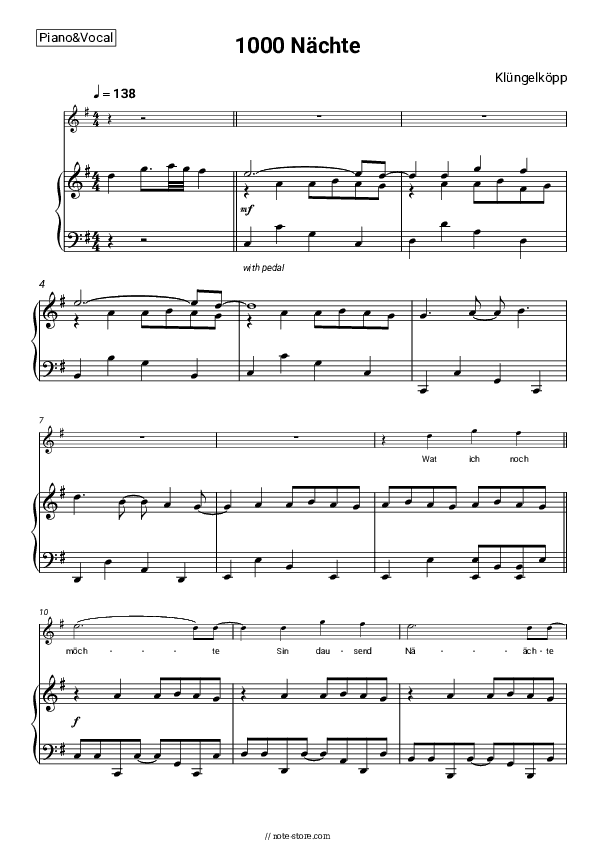 1000 Nächte - Klüngelköpp Piano Sheet Music with the Voice part - Piano&Vocal